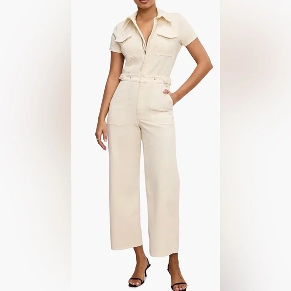 Good American Fit For Success Twill Palazzo Crop Jumpsuit in Ecru, Size: Large - Picture 1 of 14